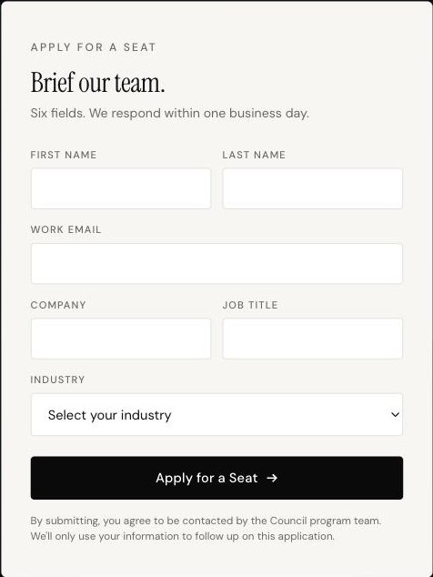 A six-field capture form, sample edition: first and last name, work email, company, job title, industry, and an apply button