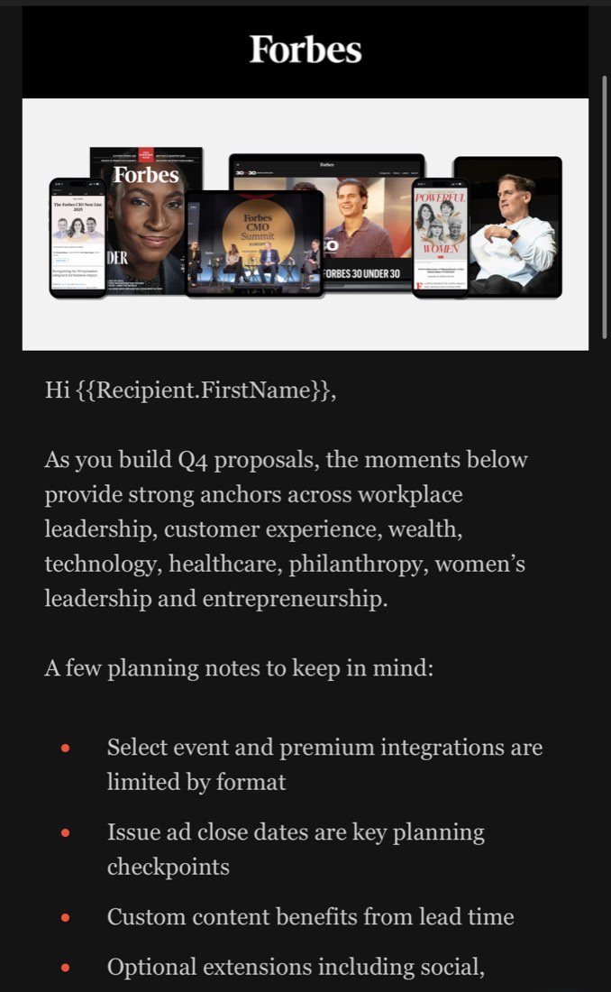 An email template proof with the Forbes banner and a merge tag greeting, followed by quarterly planning notes