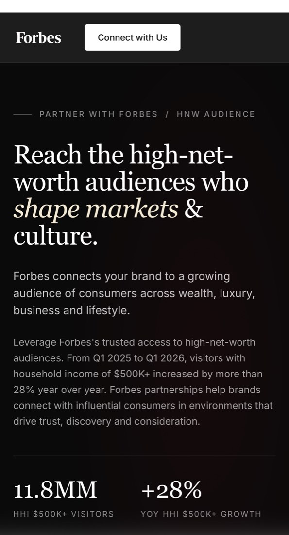 A Forbes partner landing page on a phone: reach the high-net-worth audiences who shape markets and culture, with audience stats beneath