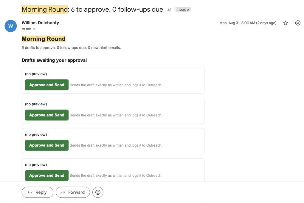The Morning Round digest open in Gmail: six drafts awaiting approval, each with an Approve and Send button that sends the draft as written and logs it to Outreach