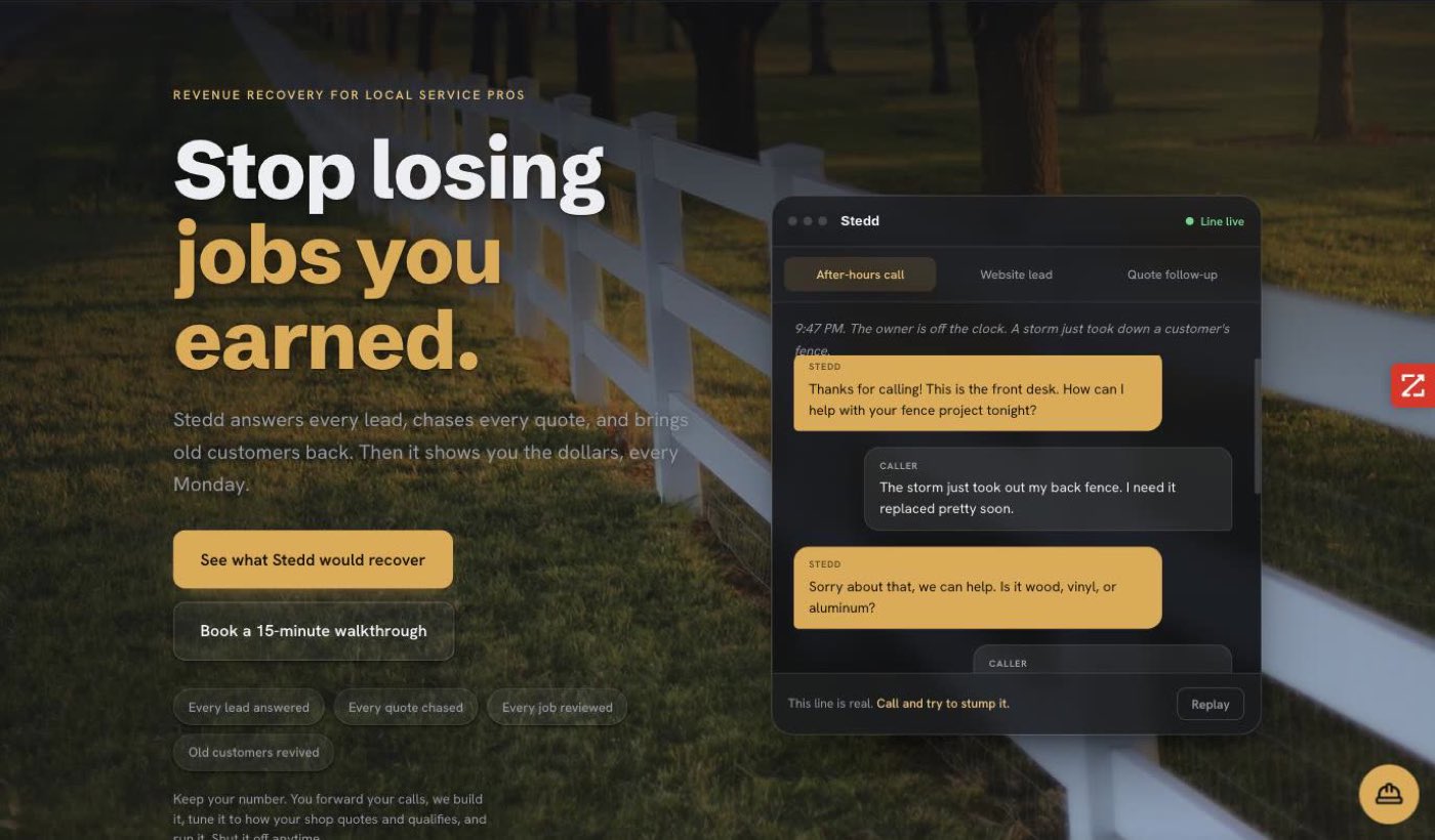 The stedd.ai home page: the headline stop losing jobs you earned beside a live demo widget playing a transcript of the voice agent handling an after-hours fence call